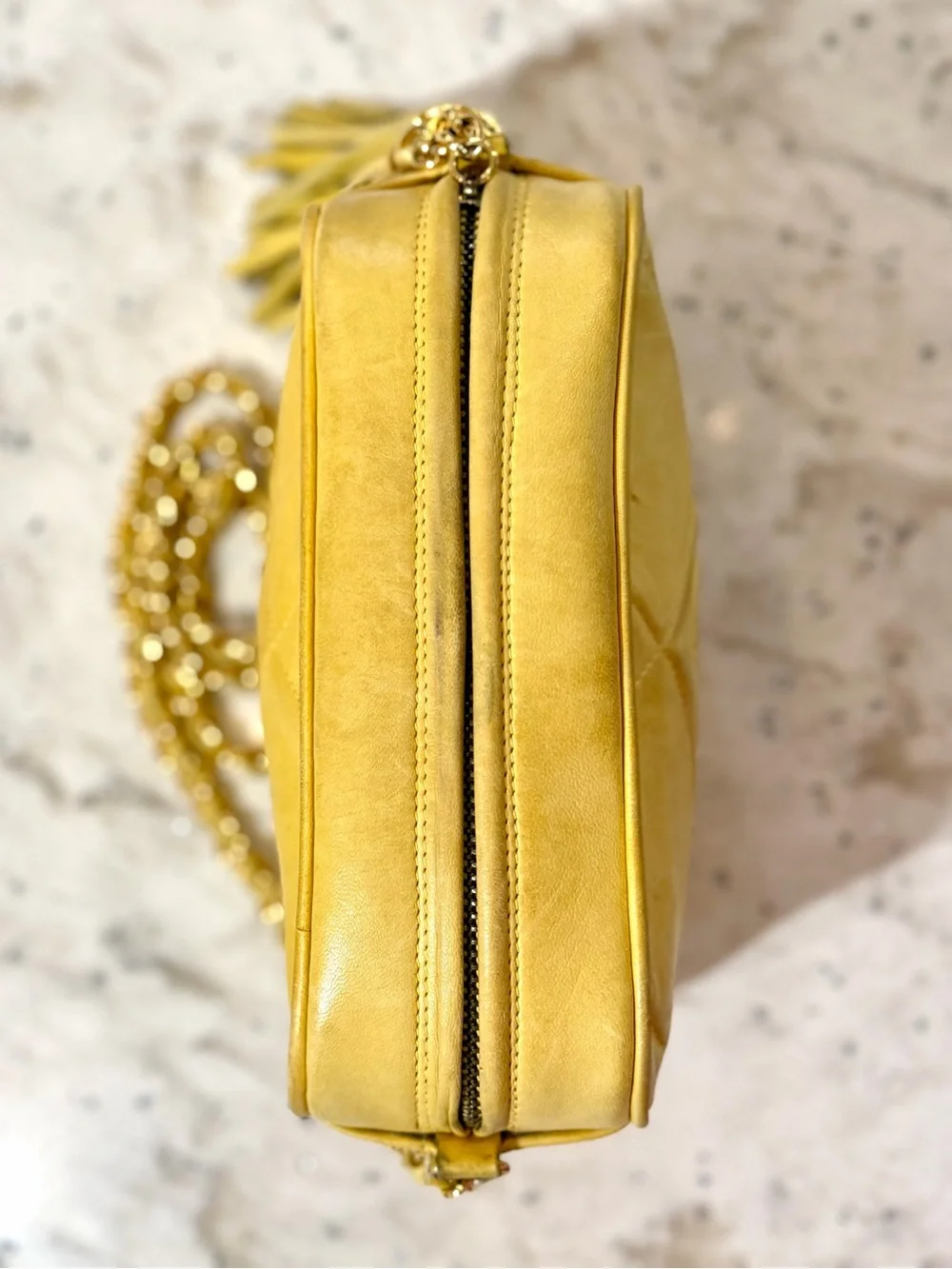 Authentic Vintage Chanel Yellow Lambskin CC Camera Bag 24K Gold Tassel
